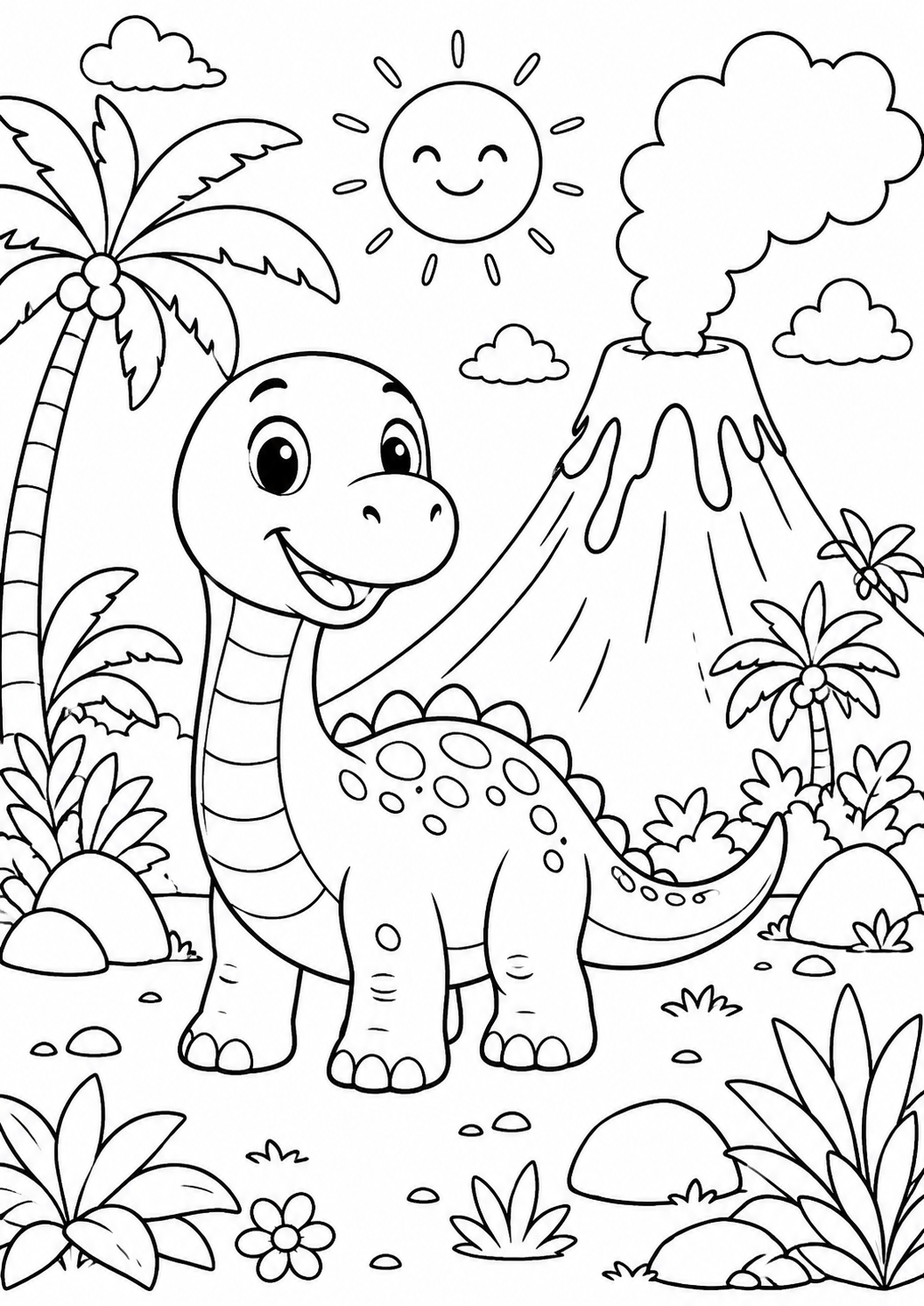 Lege kleurplaat van Vriendelijke dino bij de vulkaan