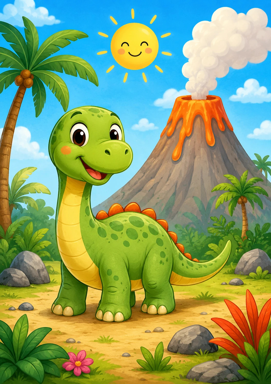 Ingekleurd voorbeeld van Vriendelijke dino bij de vulkaan