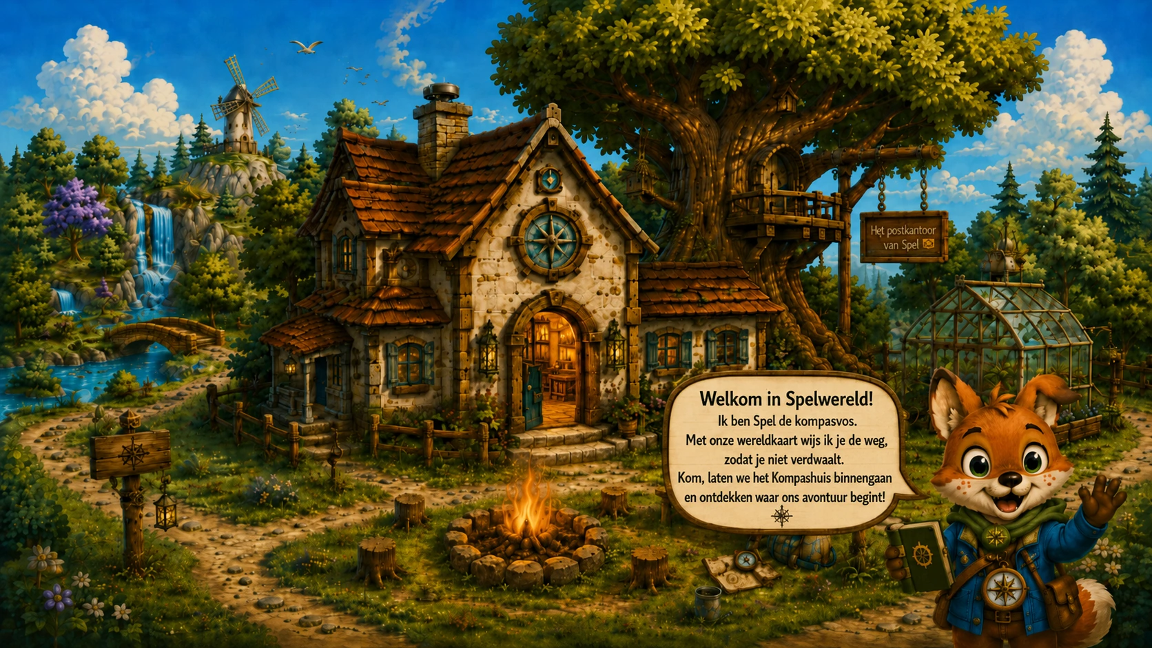 Het Kompashuis met een openstaande deur, het postkantoor van Spel in de grote boom en Spel de kompasvos die bezoekers welkom heet