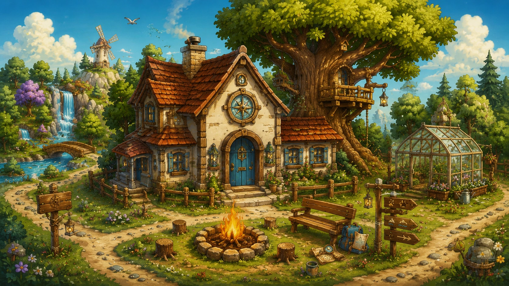 Het Kompashuis in Spelwereld, met een groot huis, een oude boom, een boomhut, een kas, wandelpaden en een kampvuur